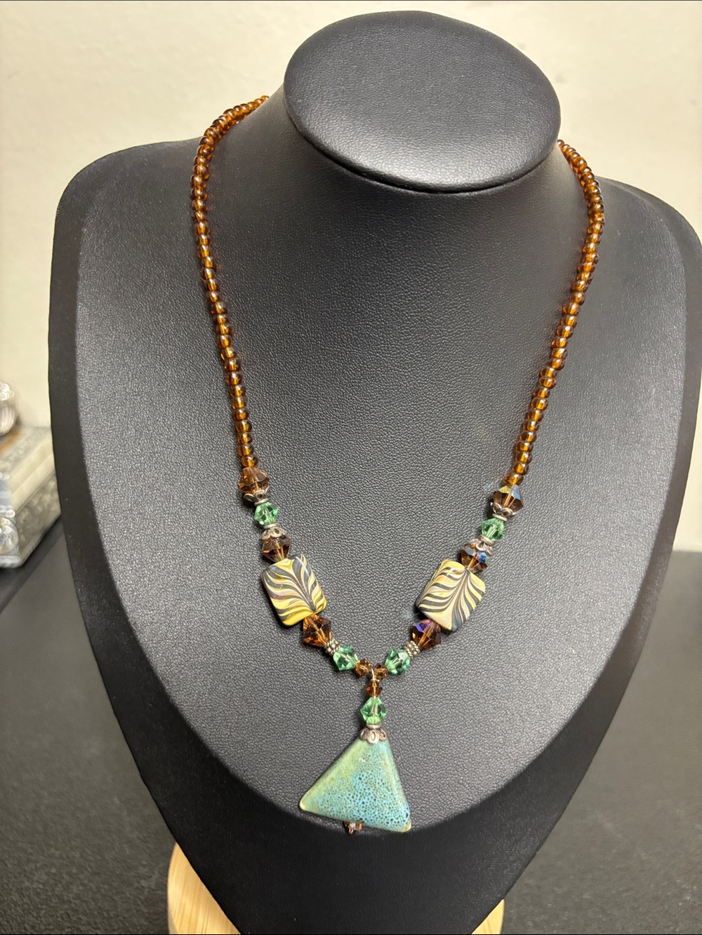 Amber Glass Beaded Necklace with Turquoise Triangle Pendant Boho